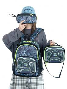 3pcs Game Controller Pattern Backpack Set, Includes Insulated Lunch Bag And Pencil Case, Large Capacity Multi-Layer Waterproof School Bag, Suitable For School - Multicolor - View 9