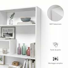Baroni Home Modernes Bücherregal, vertikales Zickzack-Regal, Bücherständer für Wohnzimmer, Schlafzimmer, Büro, einfache Montage, 19,5 x 94 x 80 cm, 4 Ebenen, Weiß - 4 Stufen - Übersicht 3