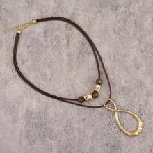 1pc Bohemian Vacation Style Twisted Hollow Water Drop Pendant Double Layer Wax Cord With Brown Round Beads Necklace, Minimalist Fashion Short Sweater Chain, Daily Party Halloween Wear Accessory, Unisex Couple Necklace - Beads - View 5