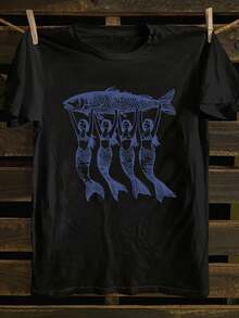 [Plus Size Sardines T-Shirt] Plus Size Sardines Graphic Print T-Shirt| Lightweight Fabric With Slight Stretch, Short Sleeve Crew Neck Casual - 黑色 - 查看 15