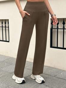 2pcs/Pack Women's Pocket Wide Leg Pants, High Waist Tummy Control Slimming, Fashionable Sporty Casual Street Style Long Pants Sports - Multicolor - View 2