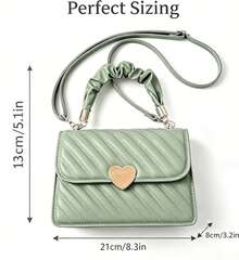 Small Lightweight Square Crossbody Handbag, Heart Decor Snap Button Design, Business Casual Accessory For Teen Girls, Students And Office Workers - 薄荷綠 - 查看 8
