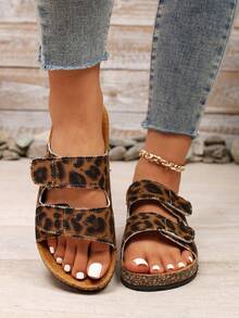 Women's Vintage Leopard Print Double Hook & Loop Thick Sole Cork Cushioned Slide Sandals, Casual Versatile Beach Slippers For Summer - Coffee Brown - View 2