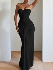 Autumn Party Luxury Strapless Evening Gown, Elegant Sexy Twisted Design Beach Dress, Suitable For Wedding, Dinner, Vacation, Commute - Black - View 4