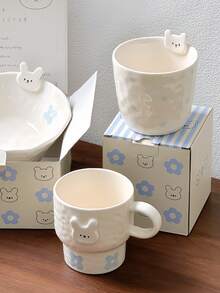 1pc 230ml Hand-Crafted Ceramic Rabbit Mug, Blue Floral Relief Rabbit Mug, Relief Bear Coffee Mug; Ideal For Home Decor And Tableware, As Drinking Cups For The Living Room, Bedroom, As Gifts, Festive Decorations, Or As Drinking Cups For Parties - Multicolor - View 10