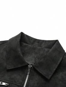 Men's Black Textured PU Leather Slim Fit Bomber Motorcycle Jacket, With Zipper Pockets, Casual Lightweight Outerwear - Black - View 7