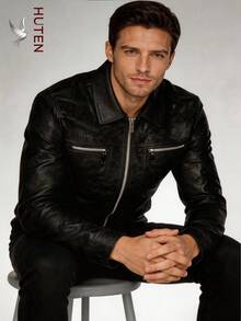 Men's Black Textured PU Leather Slim Fit Bomber Motorcycle Jacket, With Zipper Pockets, Casual Lightweight Outerwear - Black - View 4