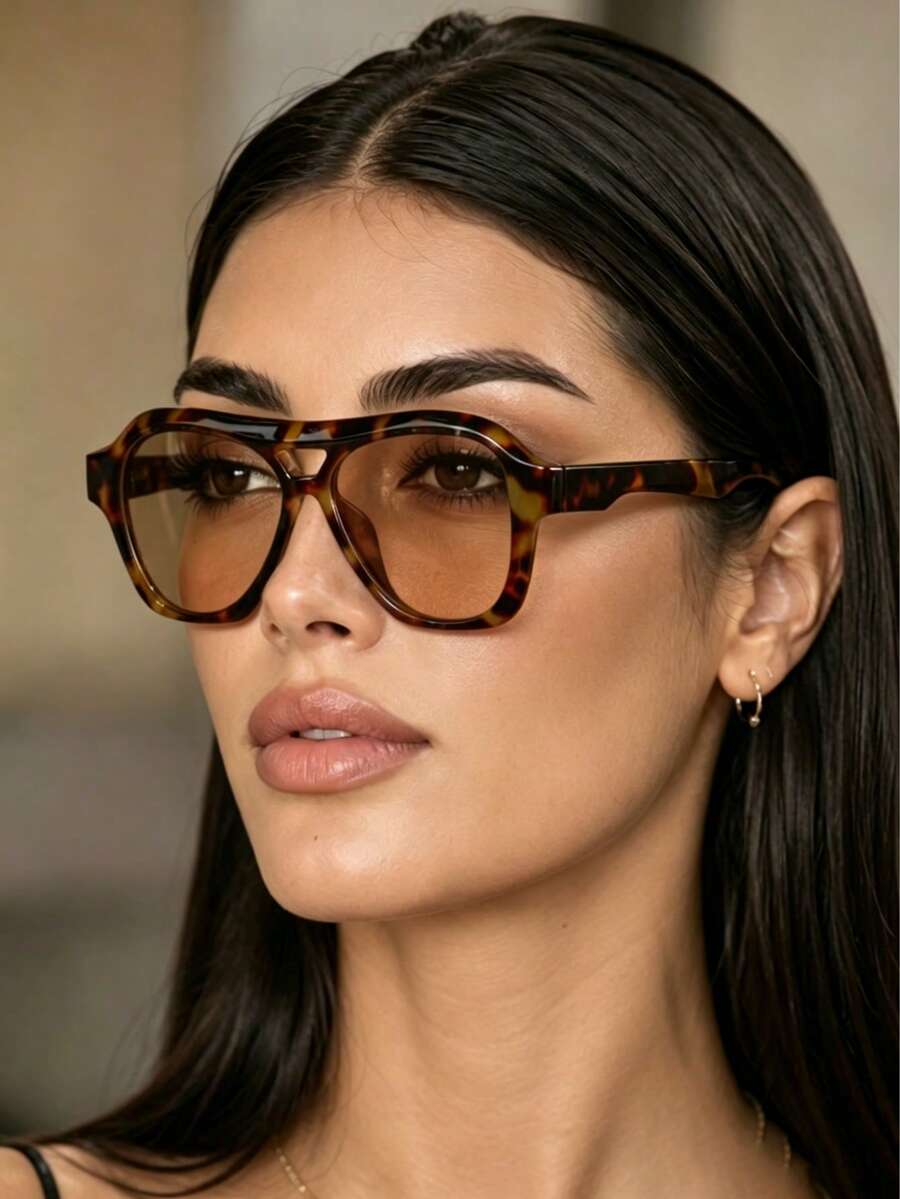 1pc Women's Leopard Print Double-Bridge Fashion Glasses, Suitable For Vacation Outfits, Beach, Music Festivals, Casual Outings, Summer Accessories, Holidays, Family Trips, Street Style, Sports, Parties, Outdoor Activities, Summer Beach Vacations, Outdoor Travels - Multicolor - View 1