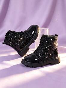 1 Pasang Sepatu Bot Pendek Anak Laki-laki, Bahan PU Mengkilap, Ujung Bulat, Sol Lembut Anti Selip, Tali Depan dengan Desain Resleting Sisi Dalam, Gaya Putri yang Manis dan Keren, Cocok untuk Sekolah, Liburan, Pertunjukan, Perjalanan, Pakaian Luar Ruangan, Gaya Baru Musim Gugur/Dingin - Hitam - View 4