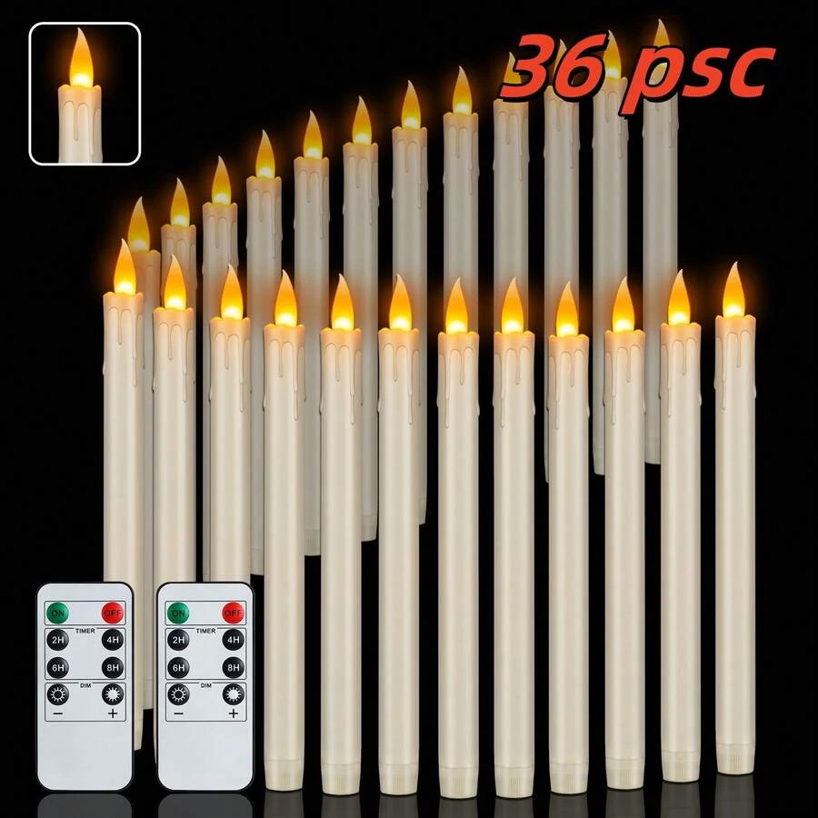 Paquete de 36 velas cónicas sin llama color marfil con control remoto, velas LED de 27 cm con batería. Seguras, sin riesgo de incendio, para bodas, iglesias, hogar y decoración de fiestas. - Marfil - Ver 1