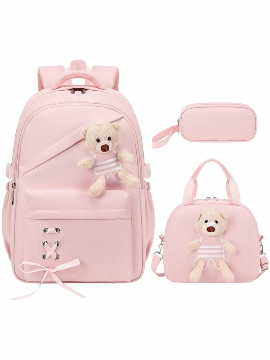 3pcs Set Solid Color Cute Bear (Detachable) Backpack Set, Cute School Bag With Bow Ribbon (Detachable), Crossbody Bear Lunch Bag, Zipper Closure, Large Capacity Multi-Pocket Lightweight School Bag, Suitable For Various Occasions, Campus Backpack, Travel Backpack, Back To School Gift - A - View 1