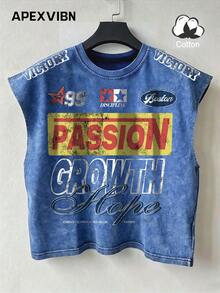 Amerikanisches Vintage-Rennstil Distressed Washed Baumwolle Ärmelloses Tanktop, Buchstaben & Zahlen Muster Lockerer Schnitt Camisole Vielseitiges Tanktop - Blau - Übersicht 1
