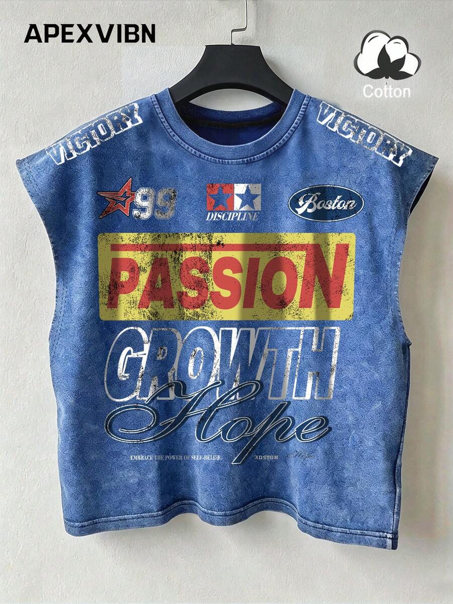 Amerikanisches Vintage-Rennstil Distressed Washed Baumwolle Ärmelloses Tanktop, Buchstaben & Zahlen Muster Lockerer Schnitt Camisole Vielseitiges Tanktop - Blau - Übersicht 1