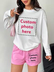 Women's 2-Piece Sports Set: Customizable Thanksgiving Gift, This Women's Sports Set Includes T-Shirt And Shorts. You Can Add Your Own Text/Image (Sentence, Badge Design, Company Logo, Family Photo, Selfie). Choose Your Favorite Font And Color To Design Your Own Personalized Print, Perfect As A Gift For Girlfriend, Couple Outfit Or Sports Set - Multicolor - View 1