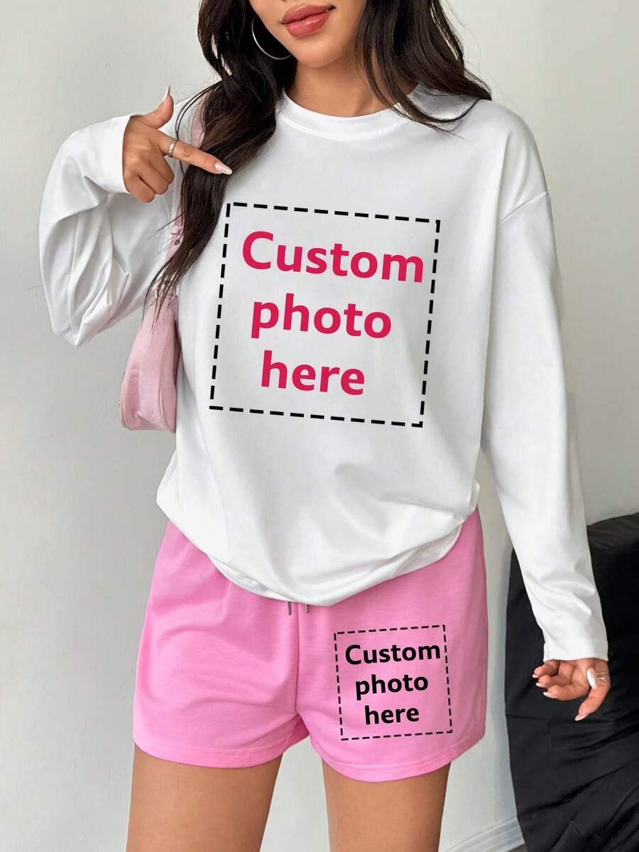 Women's 2-Piece Sports Set: Customizable Thanksgiving Gift, This Women's Sports Set Includes T-Shirt And Shorts. You Can Add Your Own Text/Image (Sentence, Badge Design, Company Logo, Family Photo, Selfie). Choose Your Favorite Font And Color To Design Your Own Personalized Print, Perfect As A Gift For Girlfriend, Couple Outfit Or Sports Set - Multicolor - View 1