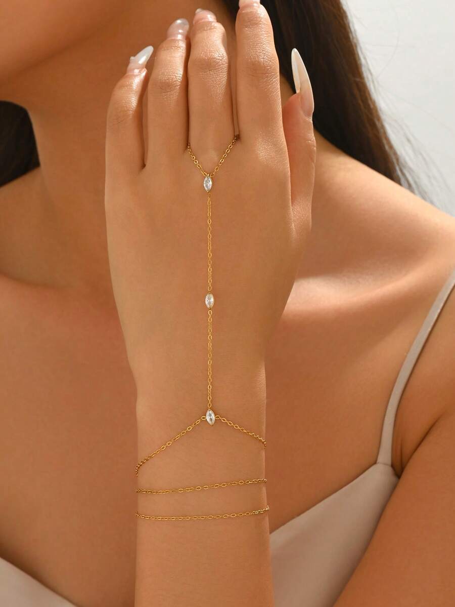 1 pieza Cadena de mano de mujer de acero inoxidable dorado con triple capa, ojo de caballo y strass, joyería de moda chapada en oro de 18K - Dorado - Ver 1