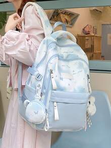Designed Backpack Fresh Macaron Color Scheme School Bag For Female Students Korean Campus Style. Large Capacity Layered Design Can Easily Store Laptop, Textbooks And Daily Items, Front Pocket And Side Pocket Organized. Thoughtfully Includes Matching Printed Round Coin Purse, Perfect For School Commute, Weekend Outings Or Short Trips. No Pendant. - Multicolor - View 2