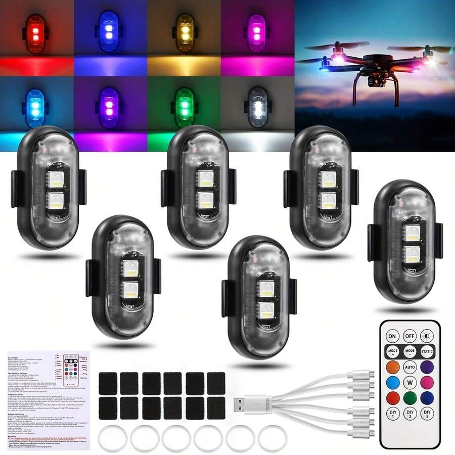 2PCS/6PCS LED Drone Decorative Lights Aircraft Flashing Lights, With Wireless Remote Control USB Charging, RGB Multicolor Ambient Lights, Neon Lights, With Remote Control, Night Anti-Collision Lights, RV Interior Lighting, Suitable For Halloween Decoration Lighting, IP65 Waterproof Rating
