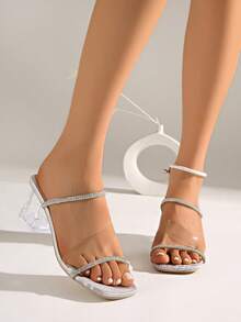 New Women's Beige Colorful Rhinestone Round Toe Open Toe Single Strap Combination Casual Slip-On Half-Back Fashion Comfortable Height-Increasing Thin Heel High Heel Sandals - Silver - View 4