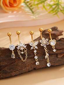 5pcs Sexy Small Water Drop Butterfly Fan-Shaped Chain Shiny Zirconia Decor Stainless Steel Pierced Belly Button Ring For Daily Wear - Yellow Gold - View 8