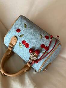 Cherry Embroidered Fabric Tote Bag With Soft Fabric Material And Durable PU Trim, 3D Cherry Embroidery With Matching Pendant For Sweet Atmosphere, Metal Hooks On Both Sides For Detachable Long Shoulder Strap, Suitable For Young Women, Teachers, Casual Shopping And Short Trips - Brown - View 5