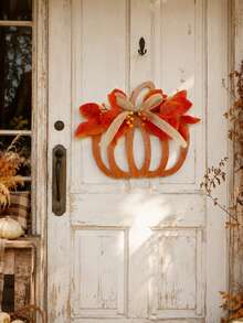 1PC Autumn Pumpkin Door Hanging Decor, Thanksgiving Front Door Wreath, Pumpkin Door Sign, Paired With Artificial Maple Leaves, Berries And Burlap Bow, American Farmhouse Style Porch, Wall, Window, Entryway Hanging Decoration, Suitable For Harvest Festival, Seasonal Home Party Decor - Style 1 - View 7