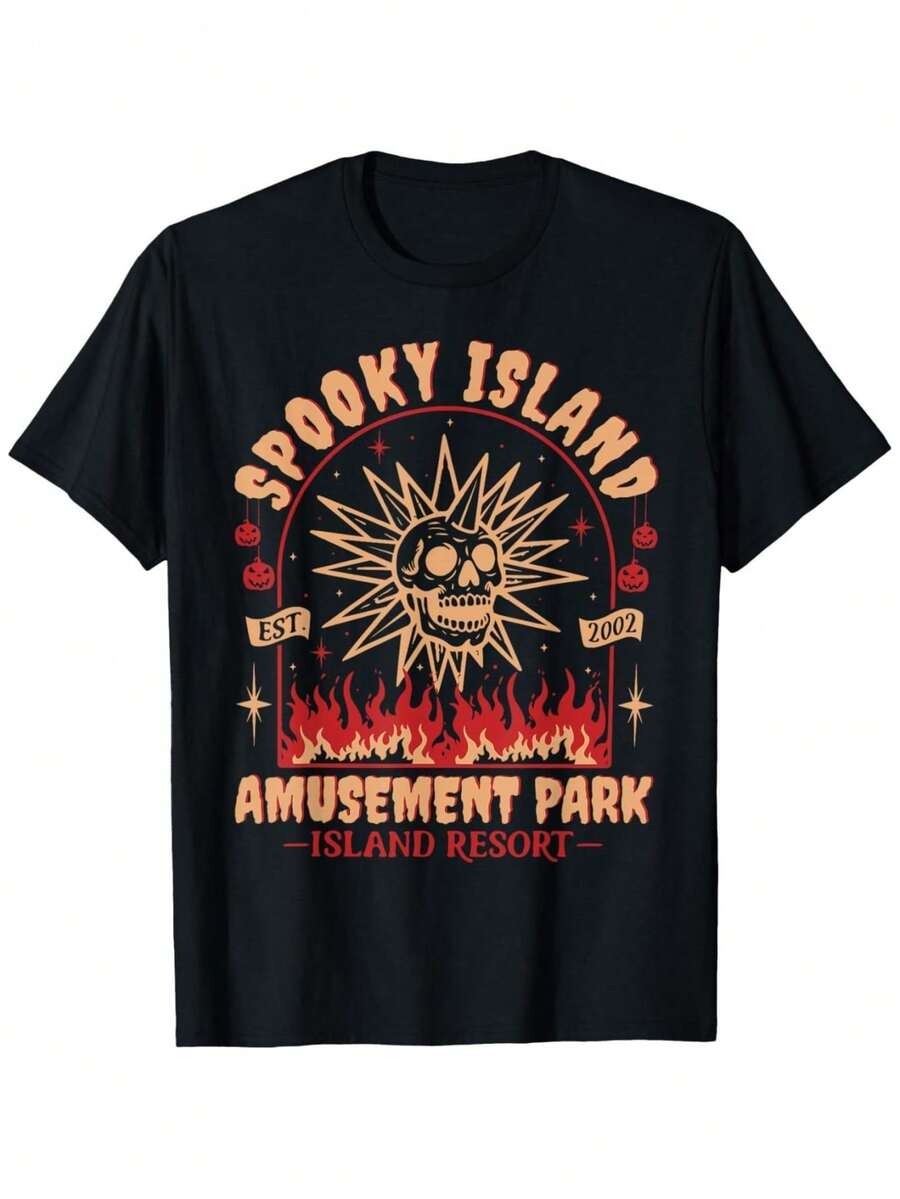 Funny Halloween Spooky Island Est 2002 Amusement Park Skull T-Shirt - 黑色 - 查看 1