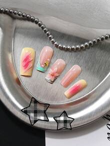 24 Stück lange rechteckige Kunstnägel, Nude-Pink Macaron Farbverlauf French Manicure, 3D rosa Blume, asymmetrischer Metallrahmen, mintgrüne Welle, Goldfolie, Perlen-Fake-Nägel, inklusive Jelly-Kleber + Nagelfeile, geeignet für atmosphärische Mädchen, Reisefotografie, Pendler-Outfit - Verschiedenfarbig - Übersicht 4