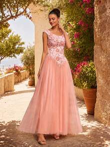 VIPGIRL Elegant Sleeveless Pink Mesh Long Dress, Decorated With Flowers And Sequins, Perfect For Prom Or Evening Events. - Pink - View 6