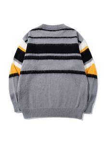 Sweater Pullover Rajut Pria Model Kasual Leher Bulat Lengan Panjang Bergaris Warna Blok Gaya Kampus, Musim Gugur/Dingin - Grey - View 7