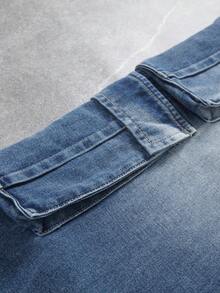 Celana Jeans Denim Lurus Pria Eropa & Amerika Warna Biru dengan Banyak Saku dan Dekorasi, Berbagai Macam Kerajinan - Dark Wash - View 4