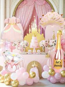 4pcs Princess Party Balloon Set, Includes Princess Crown And Princess Dress Foil Balloons, Colorful Diamond Balloons, Champagne Balloons, Suitable For Princess Theme Party, Birthday, Wedding, Anniversary, Princess Style Atmosphere Decoration, Pink Scene Decoration, Gender Reveal Party, Girl Birthday, Princess Birthday - Multicolor - View 1