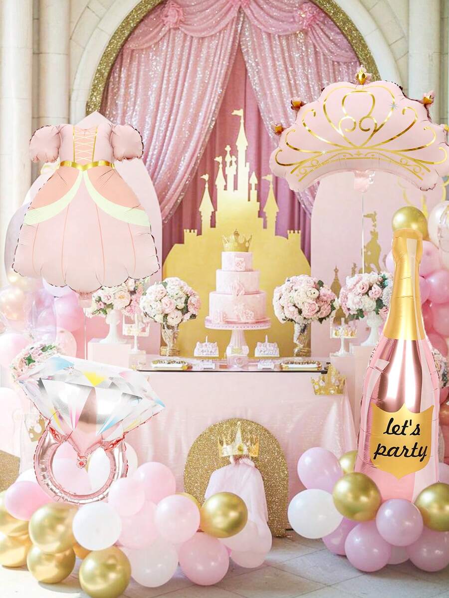 4pcs Princess Party Balloon Set, Includes Princess Crown And Princess Dress Foil Balloons, Colorful Diamond Balloons, Champagne Balloons, Suitable For Princess Theme Party, Birthday, Wedding, Anniversary, Princess Style Atmosphere Decoration, Pink Scene Decoration, Gender Reveal Party, Girl Birthday, Princess Birthday - Multicolor - View 1