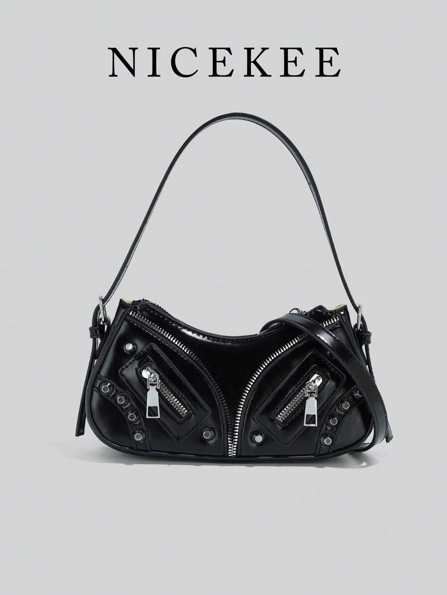 Fashionable, Personalized Street Style Shoulder Bag, Niche Design, Multifunctional, Classic Synthetic Leather Design, Suitable For Dates Dinners - Black - View 1