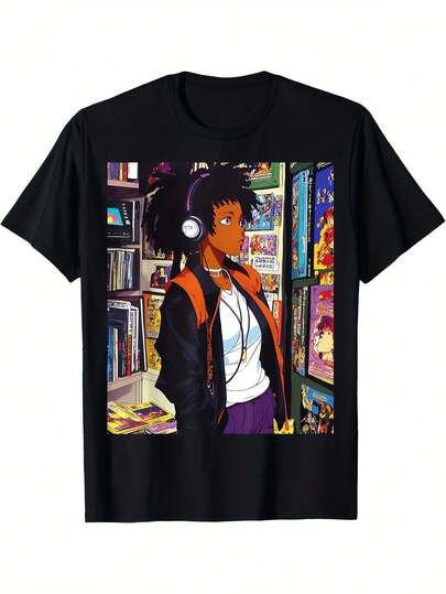 Camiseta unisex, camiseta vintage de los 90 con diseño de anime afro para hombre - Hecha de tela negra suave y transpirable con un gráfico de anime vibrante, ideal para blusas para mujer, pl