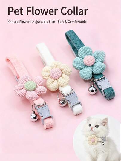 Flower Pet Collar With Bell, Plush Anti-Choke Collar, Adjustable Soft Non-Choking Cat Collar, Sweet Small Flower Neck Collar For Small Dogs Teddy Bichon Pomeranian, British Shorthair Ragdoll American Shorthair Outdoor Photo-Taking Internet Celebrity Cat And Dog Universal Accessory