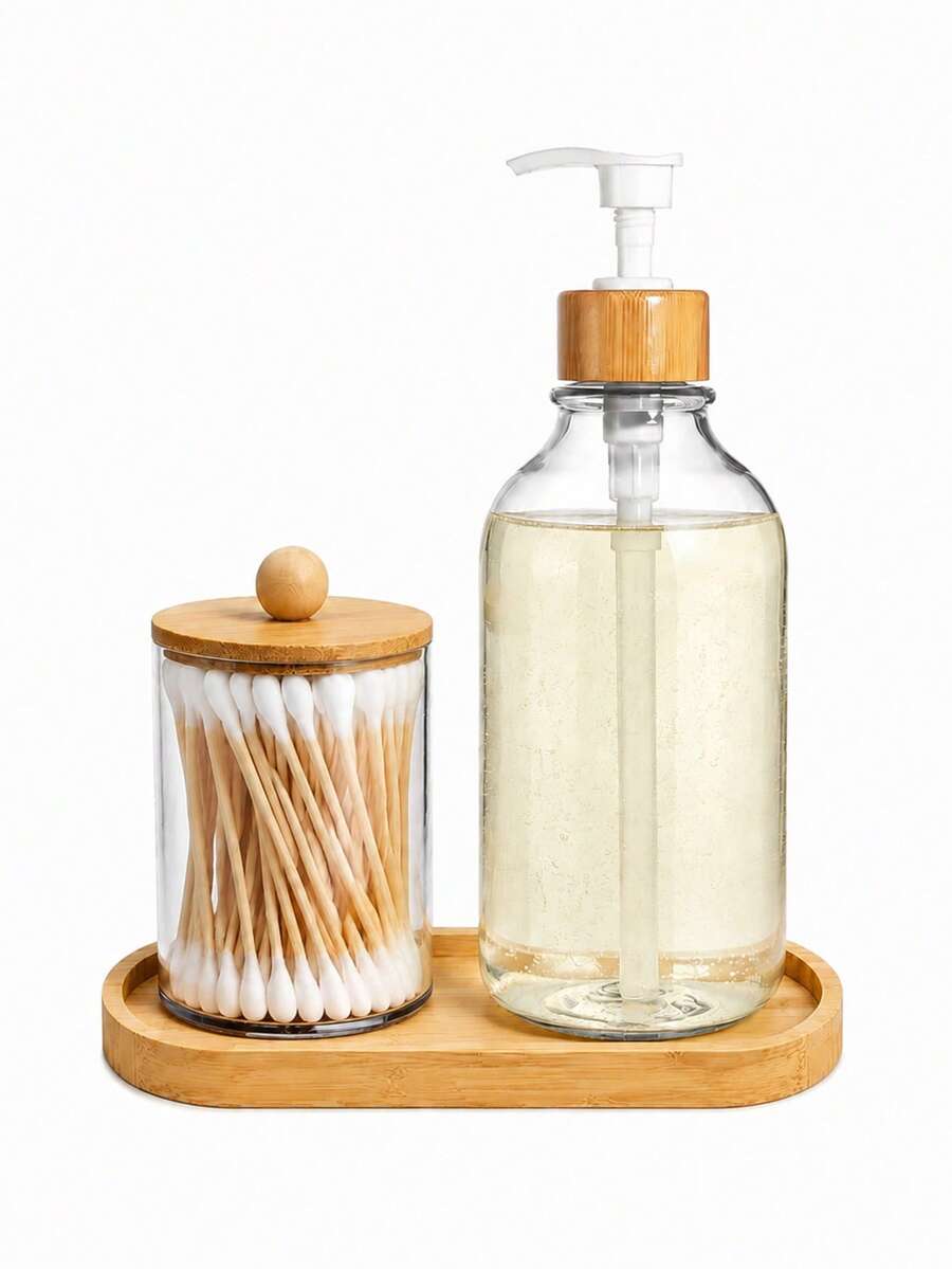 Bathroom Counter Organizer Set, Bamboo Tray With Soap Dispenser And Cotton Swab Holder, Clear Pump Bottle Vanity Storage Set For Bathroom Accessories, Modern Home Organization - View 1