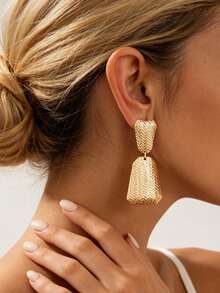 1 Pair Fashionable Versatile Woven Texture Geometric Trapezoid Dangle Earrings For Women, Suitable For Banquet And Party Wear - Yellow Gold - View 4