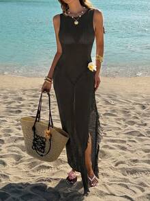 Women's Casual Cute Sexy French Hollow Out Tassel Knit Cover Up Dress, Vacation Holiday Outing Outfit Bohemian Style Black Summer Beach - Pure Black - View 3