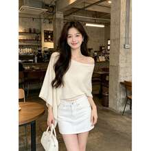 Summer Gentle Slouchy Asymmetrical Knit Sweater Solid Color Faux Two Pieces/Deconstructed T-Shirt For Evening Date, Daily Wear, Vacation - Light Yellow - View 3