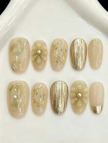 10PCS Short Oval Handmade Press On Nails For Party And Daily Wear,Apricot Nails,Hand-Painted Smudge, Premium Gold Foil & 3D Stereo Flowers,To Wear 10pcs Y2K Handmade Press On Nails,Suitable For Girls And Women Festivals Parties And Daily Wear - Apricot - View 10