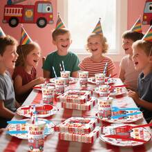50Pcs Fire Truck Birthday Party Tableware Set With Happy Birthday Banner - Disposable 7/9" Plates & 9oz Cups For Kids'Party Decor - Multicolor - View 3