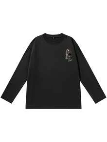 Patchwork Graffiti Mona Lisa Loose Long Sleeve T-Shirt Men Spring Autumn Black Art Painting Casual Base Layer - Black - View 5
