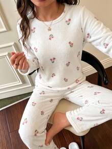 Ditsy Floral Coral Fleece Pajama Set, Women's Autumn/Winter Thickened Warm Plush Loungewear - White - View 1