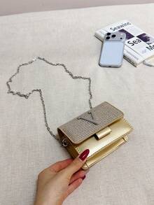 Bolso de hombro super mini minimalista con solapa de lentejuelas y cadena - Dorado - Ver 4
