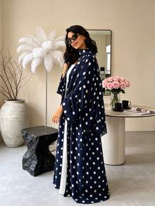 Polka Dot Print Open Front Abaya Kimono, Wide Flare Sleeve Loose Modest Muslim Long Outerwear Cardigan For Daily Holiday Occasions - Multicolor - View 4