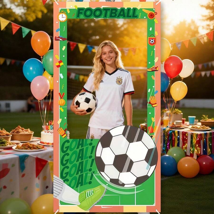 1pc Football Theme Football Field Background With Football & Football Shoes Hollow Photo Frame, Football Sports Event Decoration Prop, Birthday Party Photo - Multicolor - View 1
