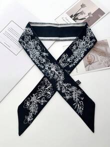 1PC Women's Spring/Summer Faux Silk Floral Print Ribbon Decorative Scarf, Versatile Accessory For Bag Tie, Hairband, Daily Wear - Navy Blue - View 3