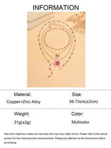 4pcs/Set Elegant Design Pink Colorful Rhinestone Handmade Multi-Layer Stackable Necklace With Gold Bowknot And Pink Flower Pendant, Popular Women's Neck Jewelry For Daily Wear, Beach Vacation And Party, Chain Length Cut By Section With Random Rhinestone Color Arrangement - Multicolor - View 5
