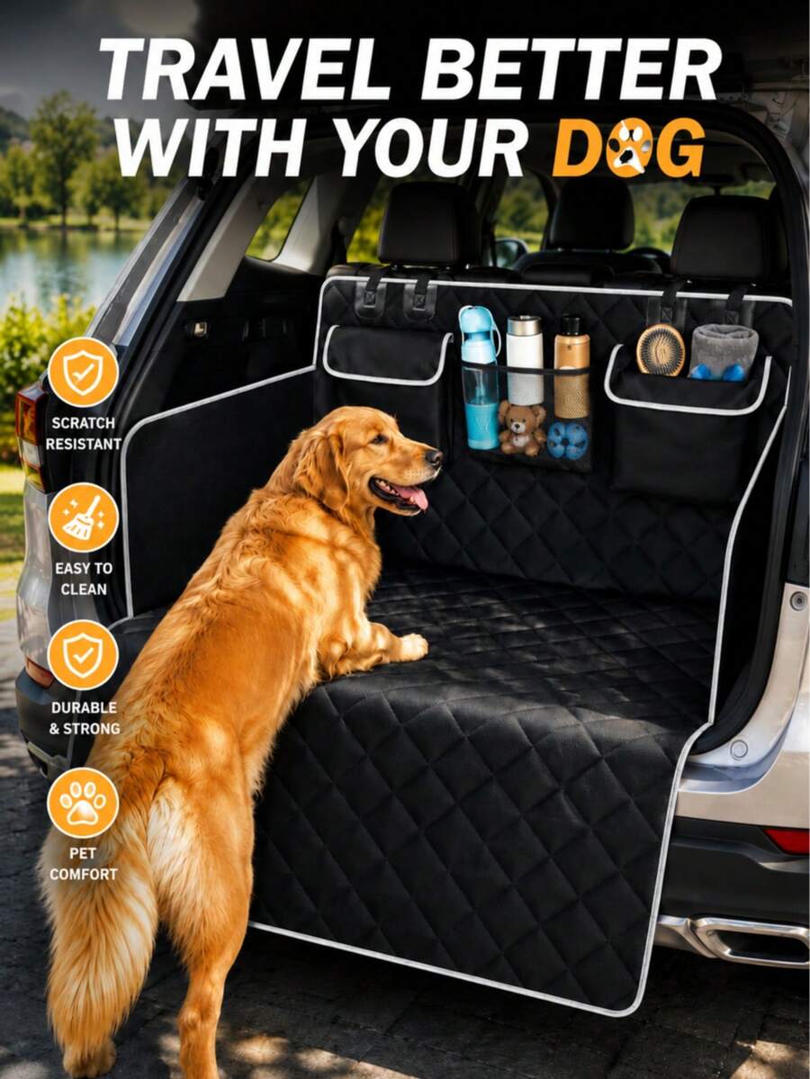 Waterproof Dog Car Cargo Liner, Non-Slip Pet Trunk Cover Protector, Suitable For SUV, Sedan, Truck, Scratch-Resistant Washable Trunk Mat With Storage Pockets And Side Flaps, Heavy Duty Pet Hammock, 2 Styles Available: Quilted Storage And Slim Black/Orange